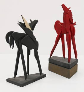 Richard Faralla (1916-1996 California) Two Animal Suite: Richard Faralla (1916-1996 California) Two Animal Suite Horses 1990 Painted Wood Sculptures. Two constructivist sculptures of assembled wood. Red horse 12.5''x6.5'' and black horse 10.5''x7''. Each si