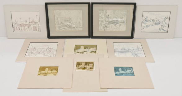 10pc Richard Faralla (1916-1996 California) Landscape: 10pc Richard Faralla (1916-1996 California) Landscape Drawings 1991 Watercolor & Ink on Paper. A group of ten matted drawings by this constructivist artist. Sizes range 4''x6'' to 8''x10'' image. Two