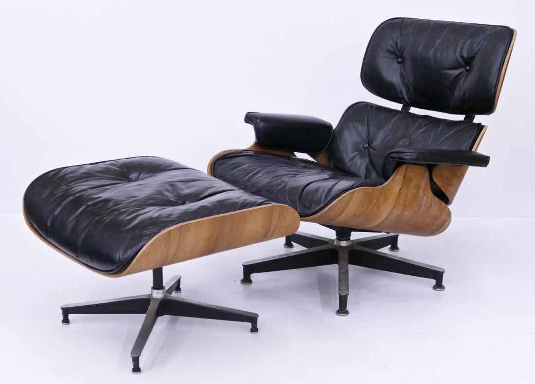 Eames for Herman Miller Rosewood Lounge Chair &: Eames for Herman Miller Rosewood Lounge Chair & Ottoman. An early second generation 670 & 671 set with black leather cushions. One of a pair being offered. Chair 32.5''x33.5''x32'' and ottoman 17''x26