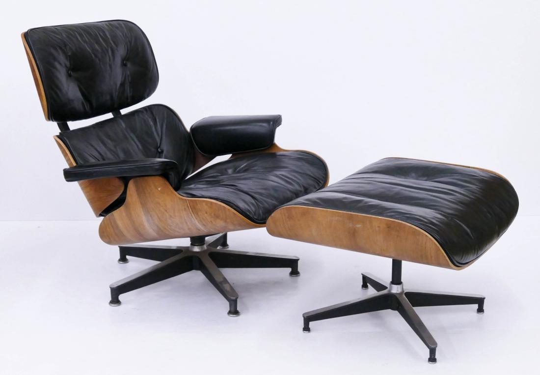 Eames for Herman Miller Rosewood Lounge Chair &: Eames for Herman Miller Rosewood Lounge Chair & Ottoman. An early second generation 670 & 671 set with black leather cushions. One of a pair being offered. Chair 32.5''x33.5''x32'' and ottoman 17''x26