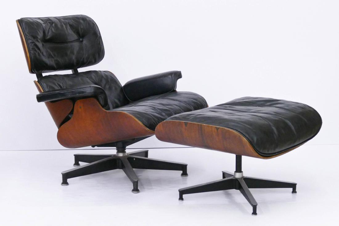 Eames for Herman Miller Rosewood Lounge Chair &: Eames for Herman Miller Rosewood Lounge Chair & Ottoman. An early second generation 670 & 671 set with black leather cushions. Chair 32.5''x33.5''x32'' and ottoman 17''x26''x22''. No labels on bottom.