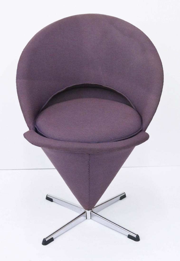 Verner Panton Purple Cone Chair 33.5''x23''x24''. A: Verner Panton Purple Cone Chair 33.5''x23''x24''. A scarce color in this iconic chair. Chrome plated steel frame with upholstery. Made for Plus Linje, Denmark. Overall excellent condition.