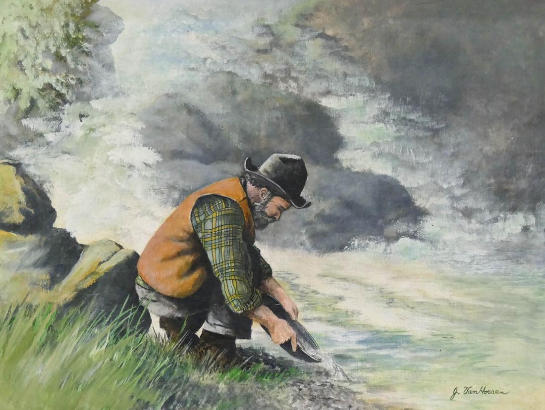 J. Van Hoesen (20th Cent. Alaska) Gold Panner Oil on (1 of 2)