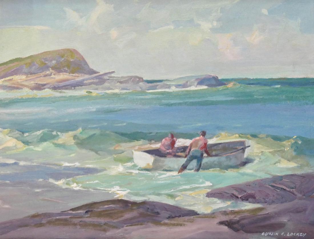 Edwin Lockey (20th Cent. Canadian) ''The Cove'' Oil on: Edwin Lockey (20th Cent. Canadian) ''The Cove'' Oil on Board 18''x24'' Image. A colorful impressionist seascape signed l.r. Title label on verso. Original frame 21.5''x27.5''. Excellent condition.
