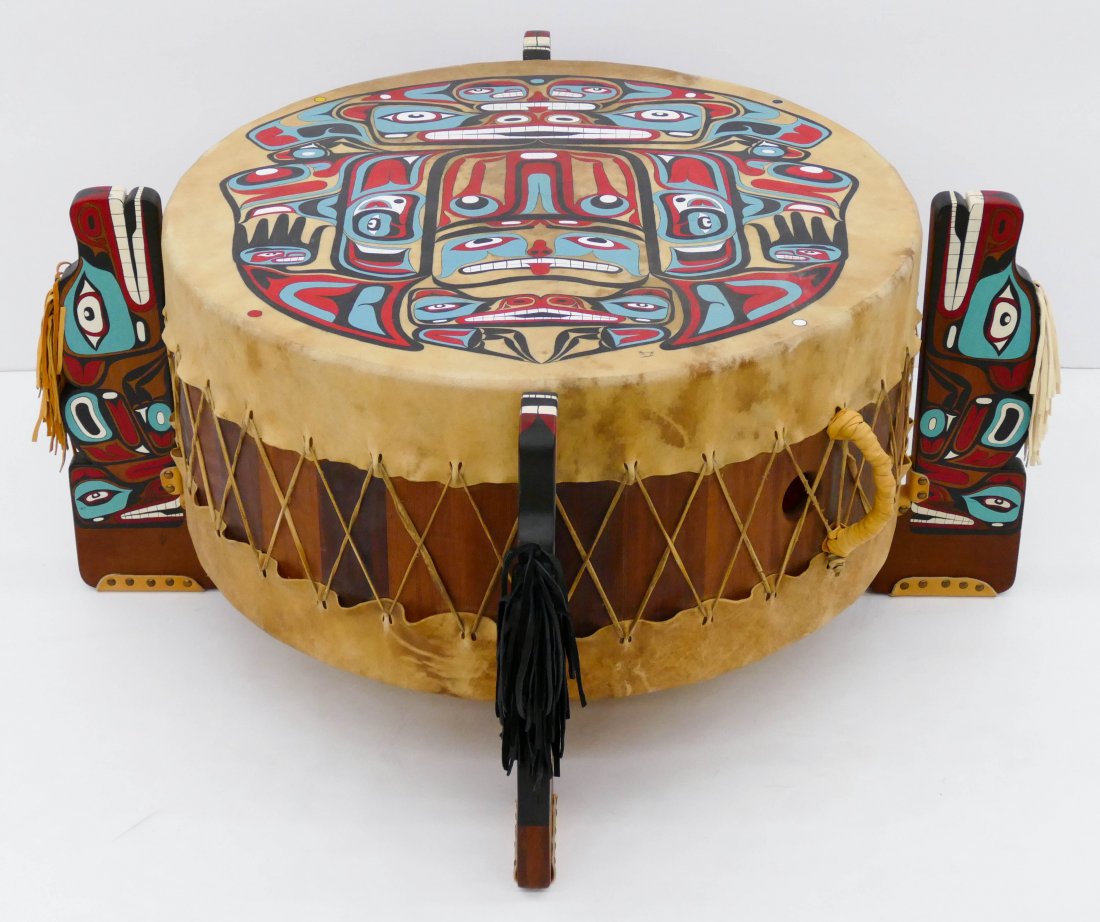 Impressive Northwest Coast Painted Drum on Stand 19"x42 (1 of 6)