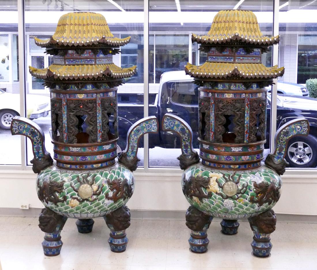 Pair of Monumental Chinese Cloisonne Pagoda Censers (1 of 10)