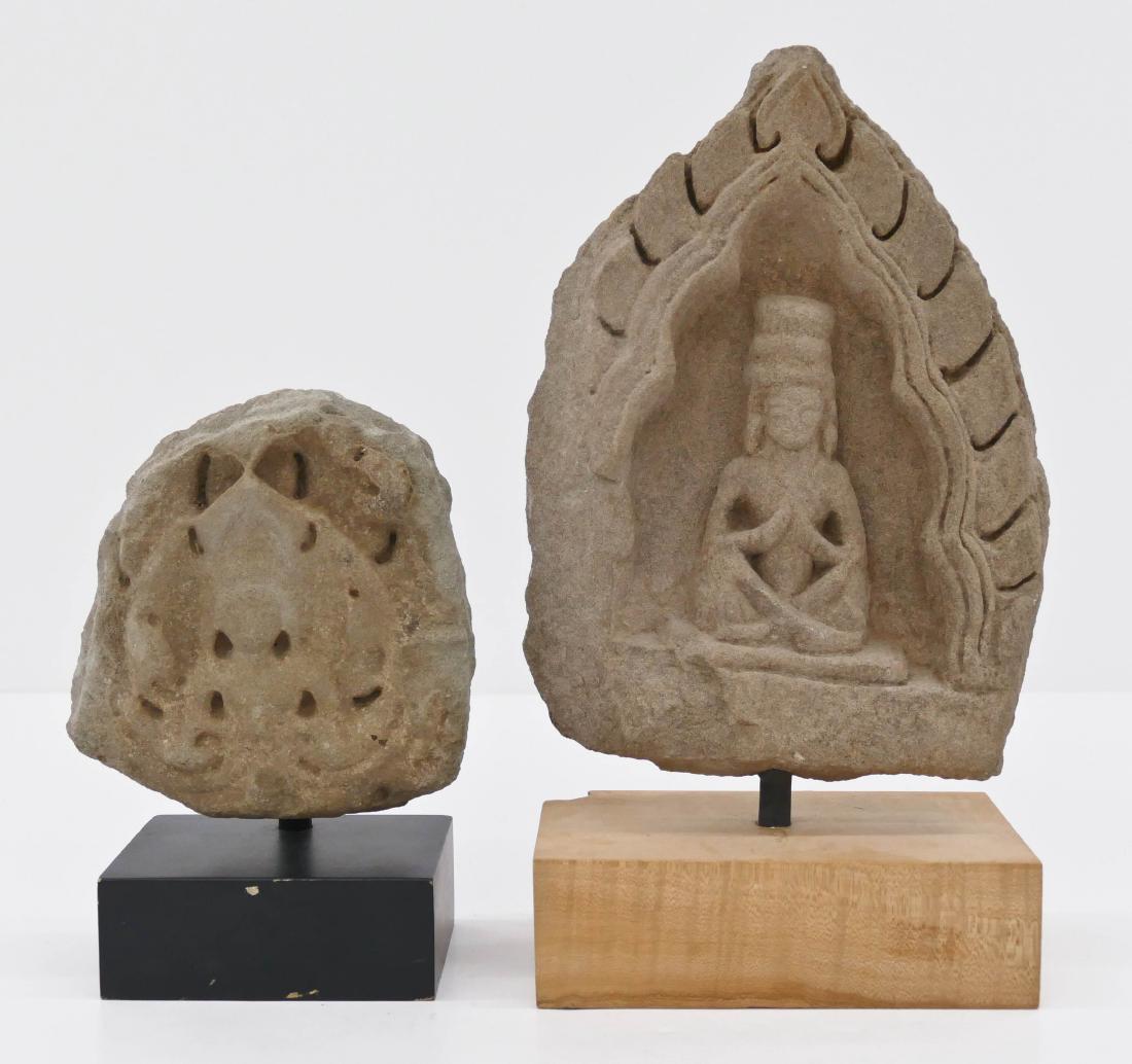 2pc Khmer Carved Stone Frieze Fragments on Stands. (1 of 2)
