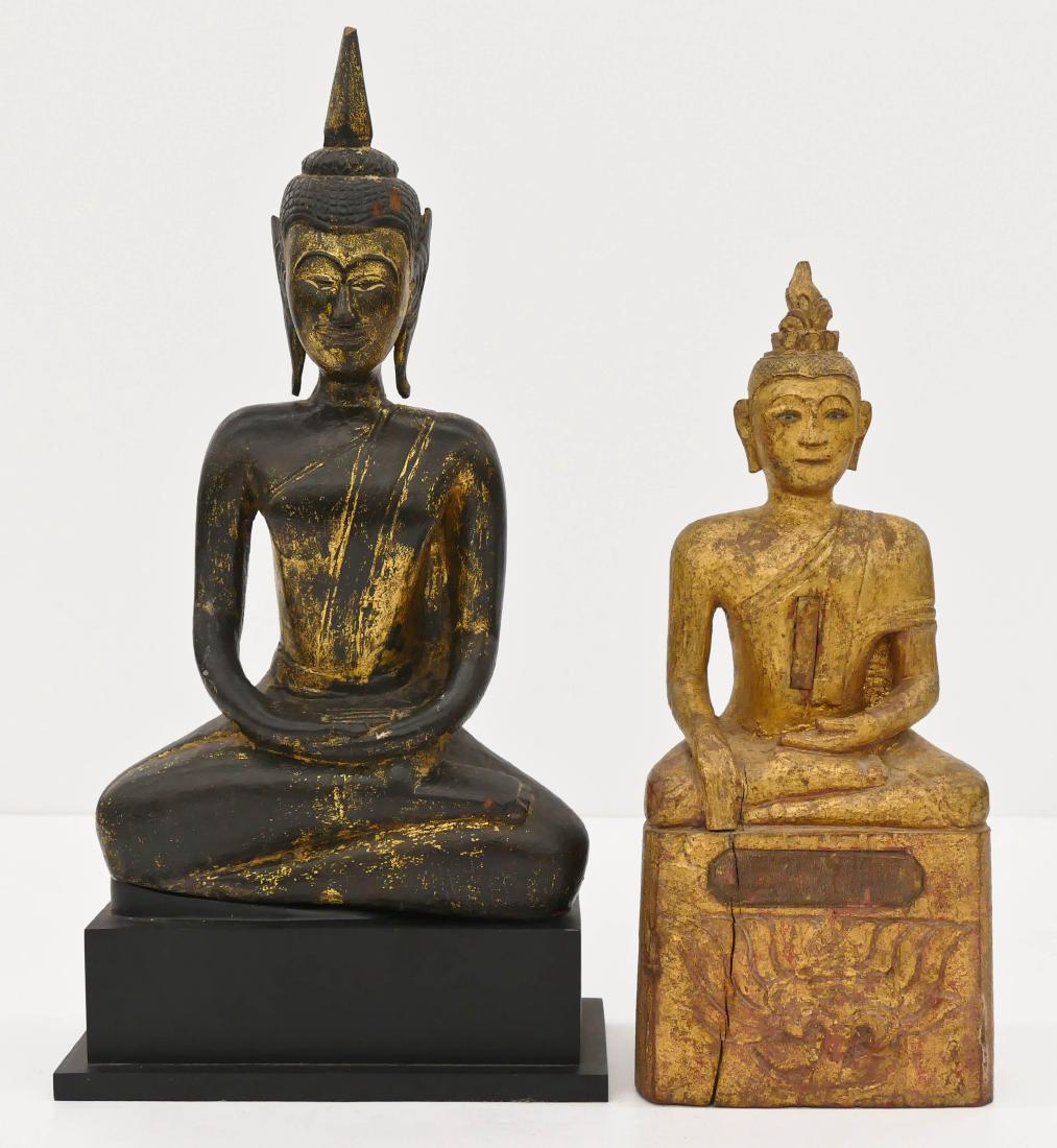 2pc Parcel Gilt Wood Seated Buddhas. Includes a Thai (1 of 3)