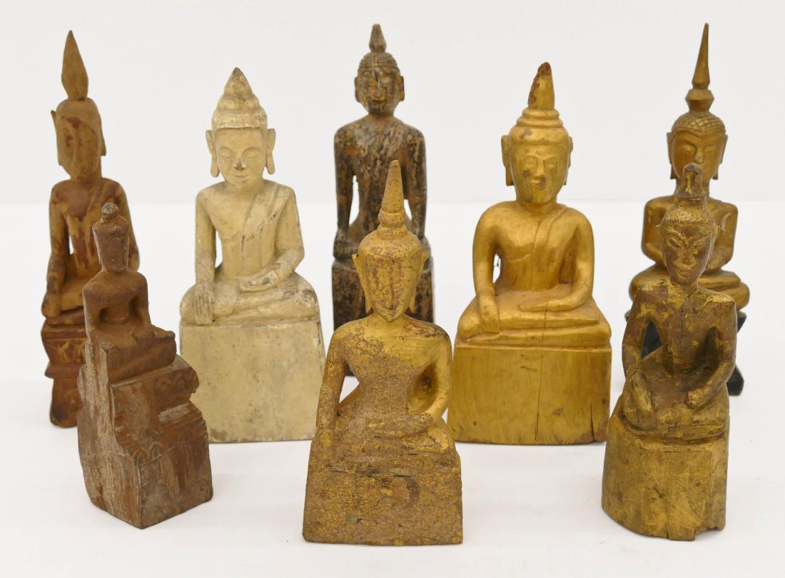8pc Laotian Tribal Small Wood Buddhas. Sizes range from (1 of 3)
