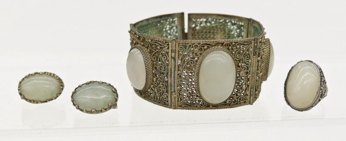3pc Chinese White Jade Silver Filigree Jewelry Set. (1 of 3)