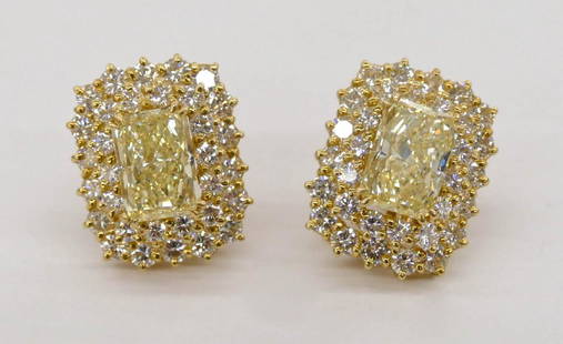 Impressive Pair Lady's 5.72ctw Natural Yellow Diamond: Impressive Pair Lady's 5.72ctw Natural Yellow Diamond Earrings .75'' Each. Includes two impressive rectangular cut-cornered modified brilliant cut diamonds of 2.81 and 2.91 carats each. Their color is