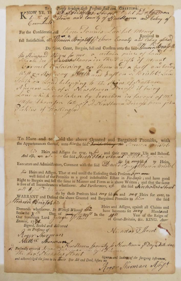 Roger Sherman 1771 Autographed Land Grant Document: Roger Sherman 1771 Autographed Land Grant Document 12''x8''. An early document for the sale of a plot of land in the Parish of Mount Carmel of New Haven Connecticut. Signed by Sherman lower right. She