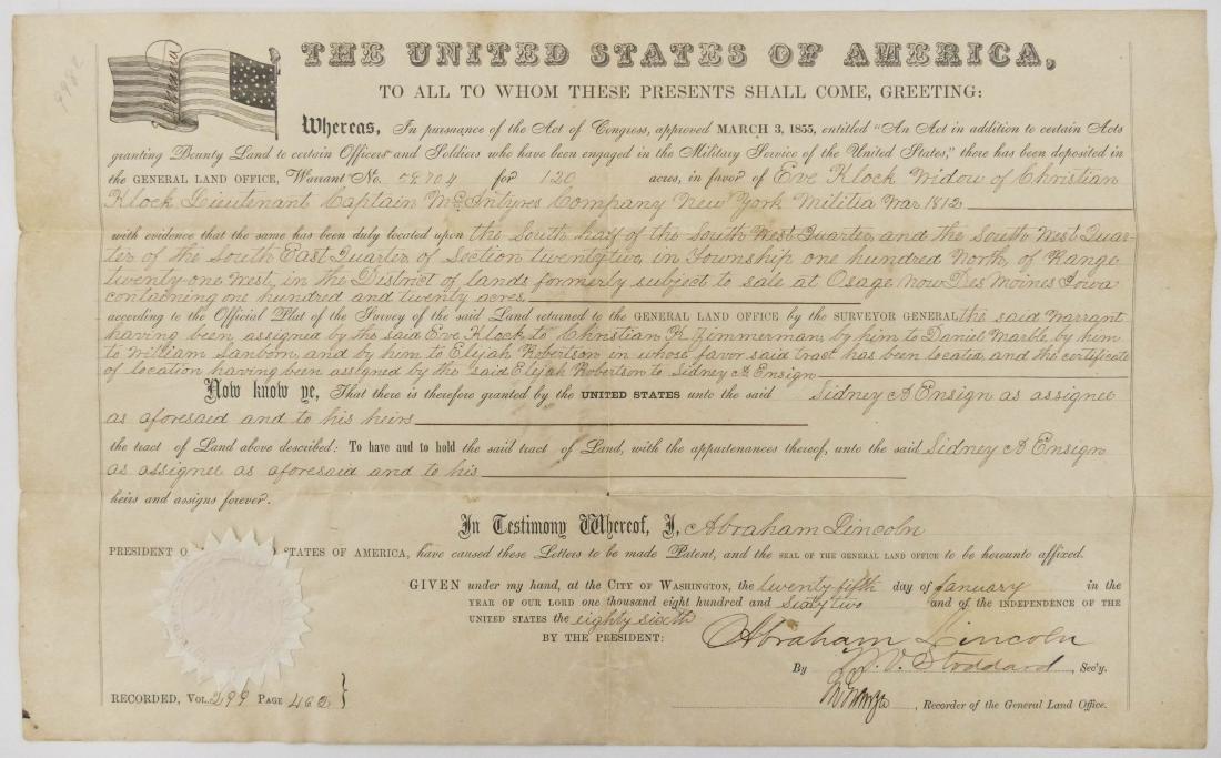Abraham Lincoln 1862 Land Grant Document 10''x16''. For