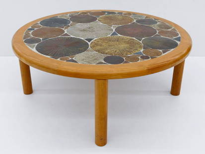 Tue Poulsen for Haslev Denmark Round Coffee Table: Tue Poulsen for Haslev Denmark Round Coffee Table 16''x39''. Danish multi-colored studio pottery tile top with oak body. Brass tag on bottom. Overall excellent condition.