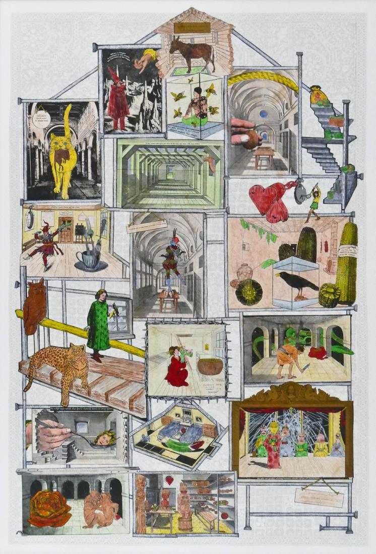 Jane Hammond (b.1950 New York) ''Love Laughs'' 2005: Jane Hammond (b.1950 New York) ''Love Laughs'' 2005 Color Lithograph with Hand Coloring and Collage 51''x33.5'' Image Signed and numbered 12 of 45 edition l.r. corner. Gallery framed 54.5''x37.5''. Gr