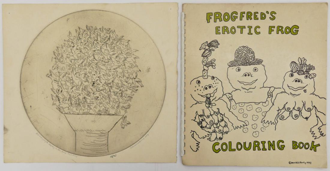 2pc David Gilhooly (1943-2013 American) Frog Etching &: 2pc David Gilhooly (1943-2013 American) Frog Etching & Coloring Book. Includes ''1000 Frog Angels Dancing on the Head of a Nail'' 1971 signed etching 18 of 20 edition 12''x13'' sheet. Also an unused c