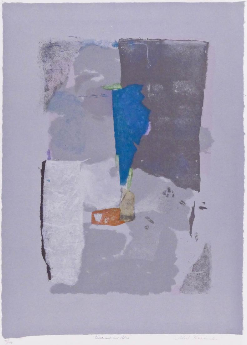 Paul Horiuchi (1906-1999 Washington) ''Vertical in: Paul Horiuchi (1906-1999 Washington) ''Vertical in Blue'' Lithograph in Colors 29''x21'' Image. Pencil signed and numbered 77 of 100 edition lower margin. Framed 38''x30''.