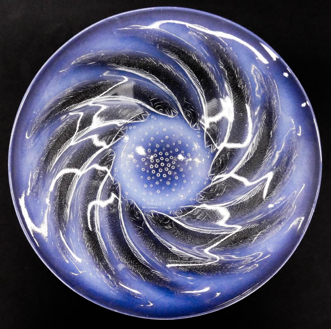 R. Lalique ''Poissons'' Opalescent Glass Bowl: R. Lalique ''Poissons'' Opalescent Glass Bowl 2''x11.75''. Art deco repeating fish spiral form. Acid etched ''R. LALIQUE France'' mark on bottom. Designed in 1931. A few scattered light scratches. Ove