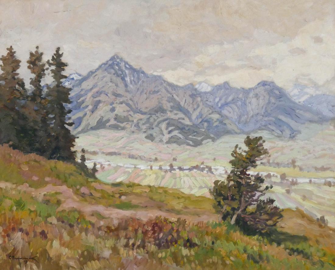 Ota Bubenicek (1871-1962 Czech) Mountain Landscape 1919: Ota Bubenicek (1871-1962 Czech) Mountain Landscape 1919 Oil on Canvas 16''x19.5'' Image. An impressionist landscape signed and dated l.l. Framed 21''x24''. A few small scratches in sky. Overall excell