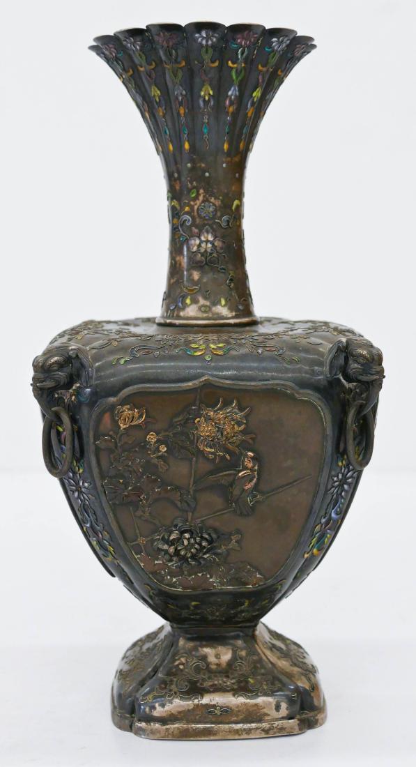 Fine Japanese Enameled Silver Vase 11.5''x6''. A mixed (1 of 7)