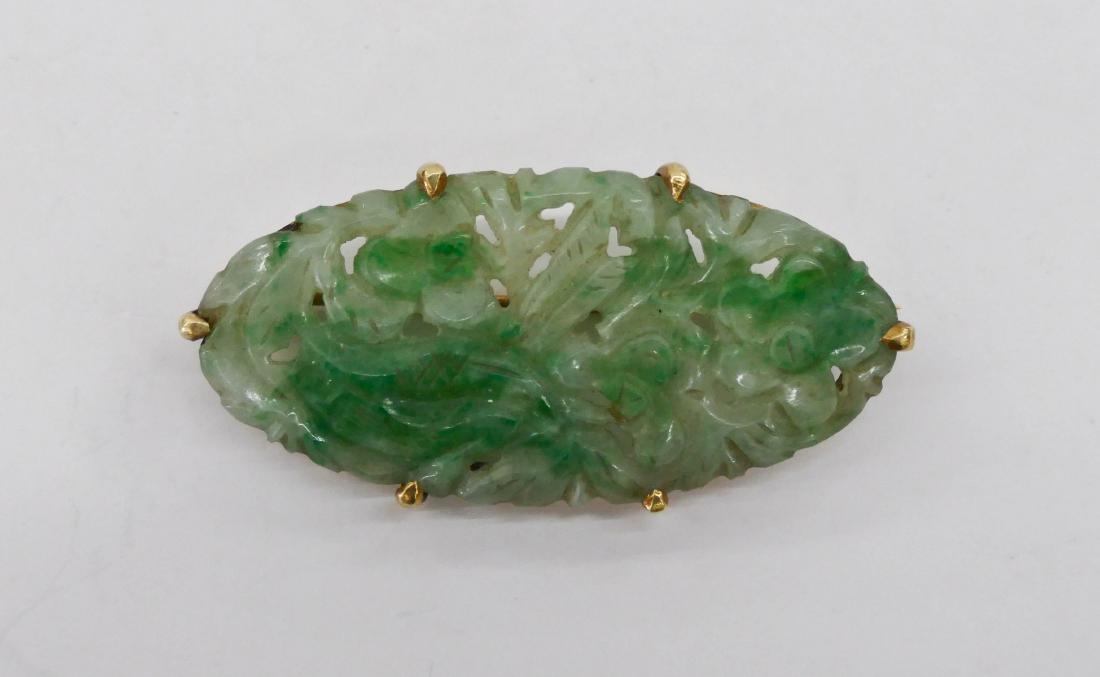 Chinese 14k Jade Pierced Brooch .75''x1.75''. Pierced (1 of 2)