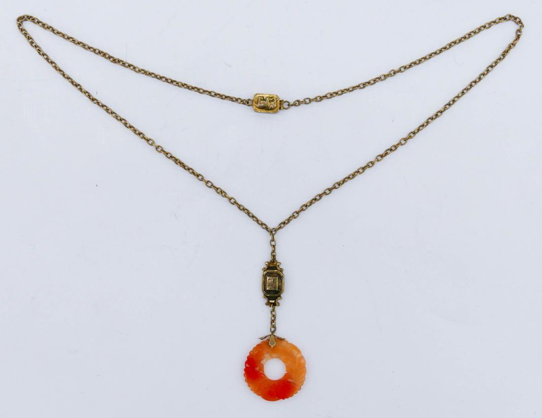 Chinese Sycee Carnelian Pendant Necklace 19''. Gilt (1 of 4)