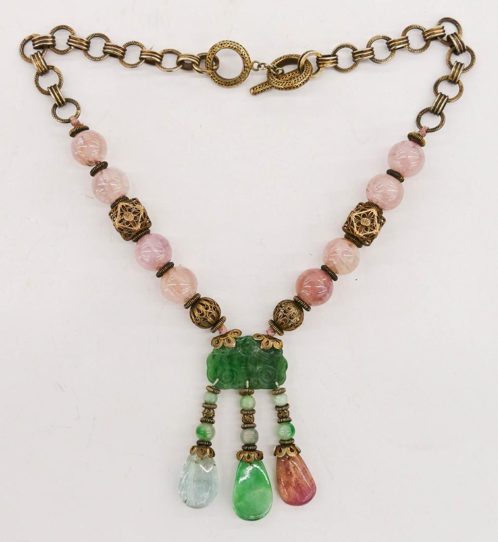 Lady's Jade & Rose Quartz Silver Necklace 15''. A gilt (1 of 3)