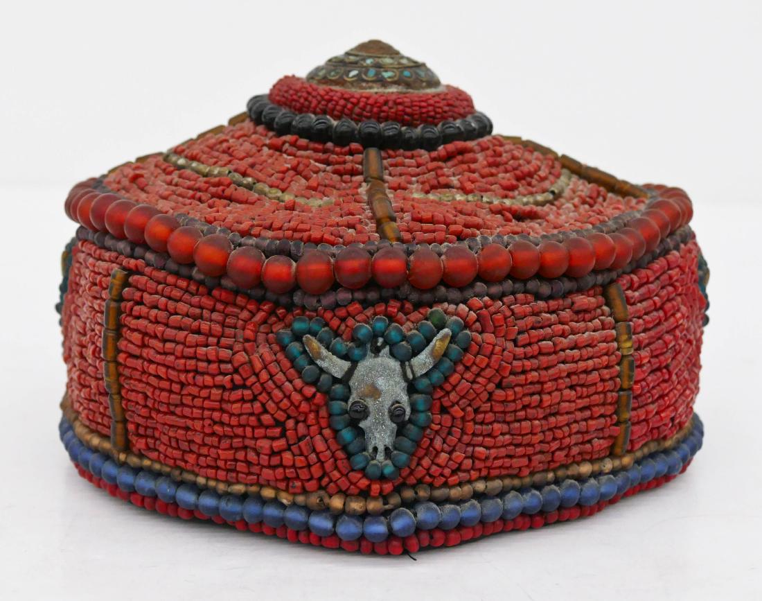 Tibetan Coral & Glass Bead Hat 4.5''x8''. Profusely (1 of 3)