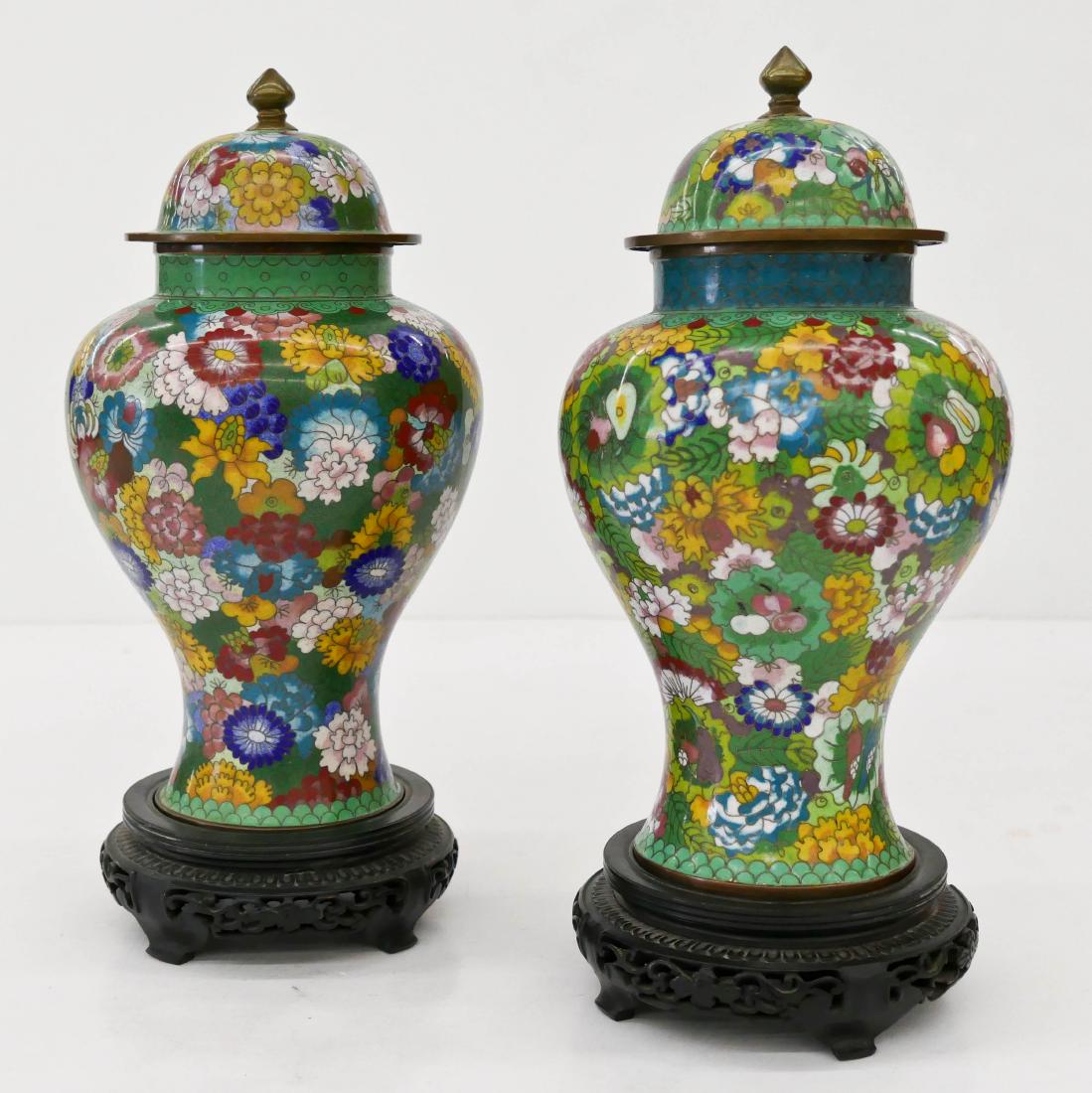 Pair Chinese Cloisonne Covered Urns on Stands 13''x6''