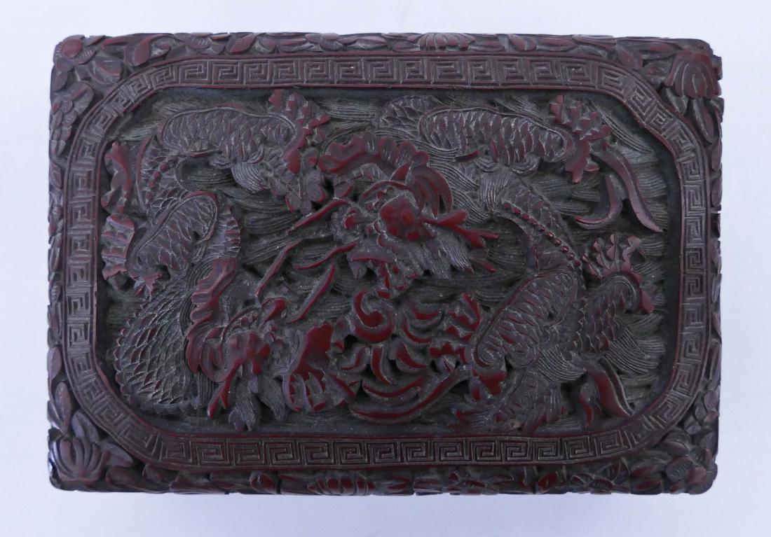 Chinese Cinnabar Dragon Box 2''x5.75''x4''. Depicts an (1 of 3)