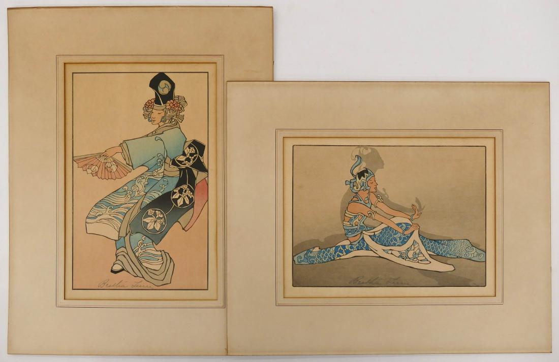 2pc Bertha Lum Japanese Woodblock Prints of Dancers. (1 of 3)