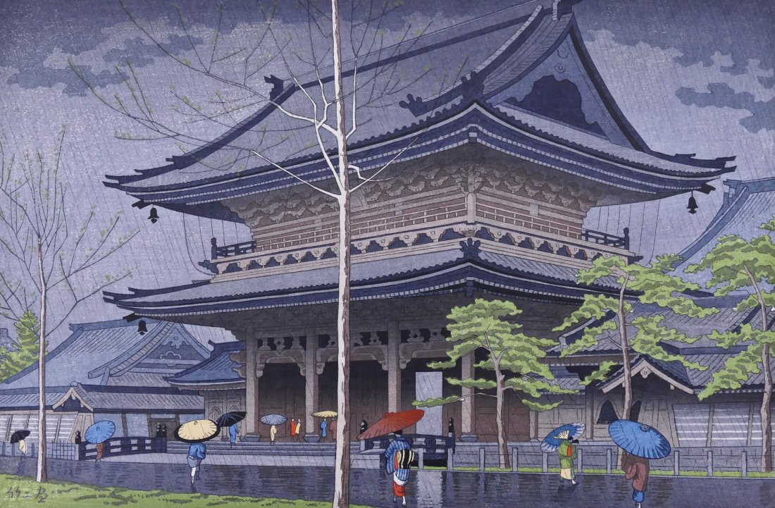 2pc Takeji Asano Japanese Woodblock Prints 10.5"x16" Sh: 2pc Takeji Asano Japanese Woodblock Prints 10.5"x16" Sheet Each. Includes "Rain in Higashi, Honganji Temple Kyoto" and "Twilight in the Village, Nara" oban size prints. The twilight print has scattere