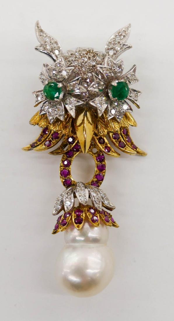 Lady's Owl Emerald, Ruby & Diamond Brooch 2.5''x1''. A (1 of 4)