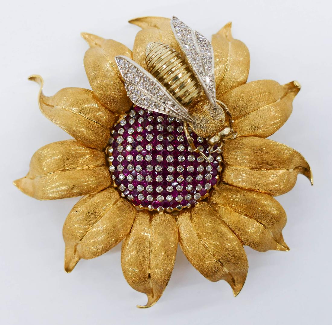 Lady's 14k Bee on Sunflower Diamond & Ruby Brooch 3''. (1 of 7)