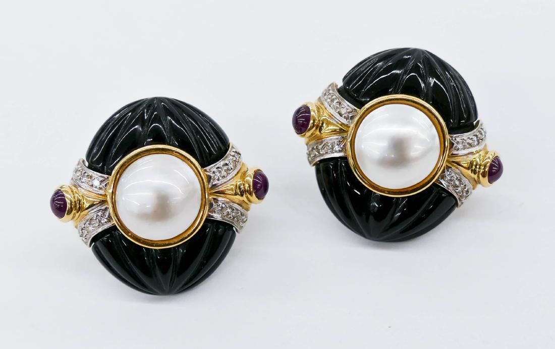 Pair Lady's Designer 18k Onyx Mabe Pearl Earrings 1'' (1 of 3)