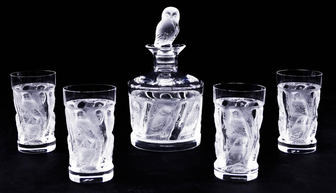 5pc Lalique ''Hulotte'' Owl Decanter & Tumbler Set. (1 of 4)