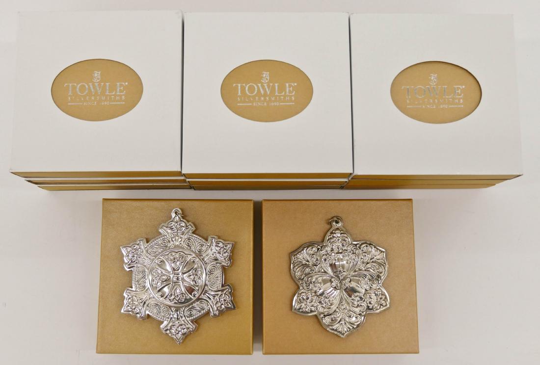 11pc Towle Gold Boxes Sterling Christmas Ornaments in: 11pc Towle Gold Boxes Sterling Christmas Ornaments in Boxes. Various types and years in the mid 2000's. Overall excellent condition.