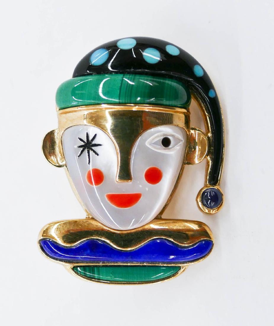 Designer 14k Jester Inlaid Hardstone Brooch 1.25''. (1 of 3)