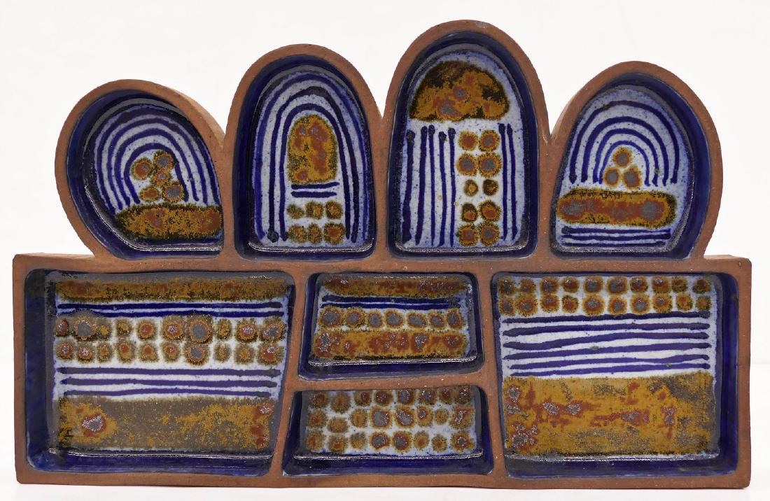 Robert Sperry (1927-1998 Washington) Divided Dish: Robert Sperry (1927-1998 Washington) Divided Dish 1960's Stoneware with Glazes 2''x20''x12.5''. Unusual geometric tray with his signature early blue and green glazes. Signed on bottom. A few slight ed