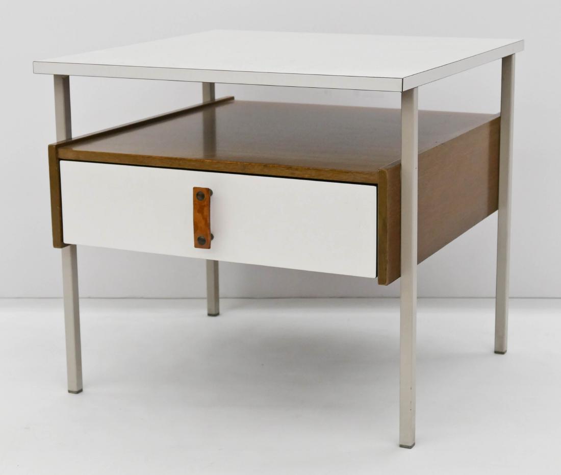 Ladislav Sutnar for Knoll + Drake End Table: Ladislav Sutnar for Knoll + Drake End Table 18''x20''x20''. Enameled metal ''X'' legs with walnut and laminate body. Leather drawer pull handle. Also could be used as a night stand. Logo inside of dra