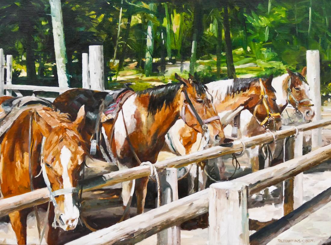 Rocky Hawkins (b.1950 Montana) ''E-knee, Mean-e,: Rocky Hawkins (b.1950 Montana) ''E-knee, Mean-e, Mine-e, Moe'' 1980 Oil on Canvas 18''x24'' Image. A colorful scene of western horses tied up to a stall. Signed l.r. with W.T.B.A. Equine Art entry lab