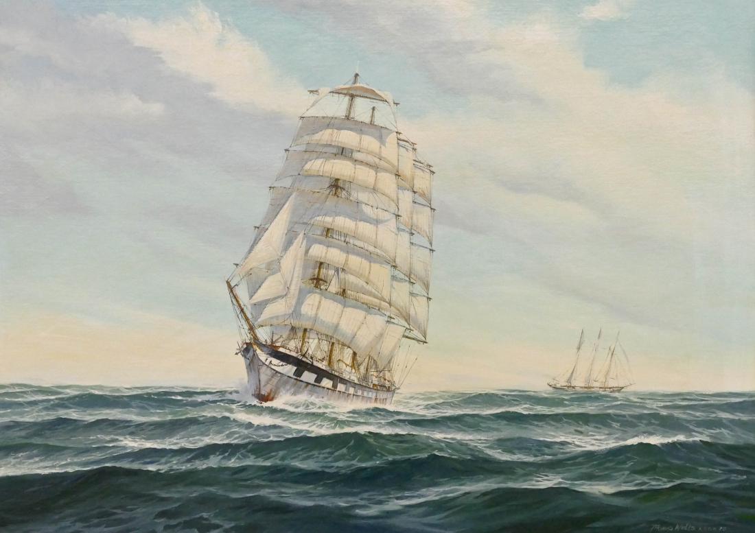 Thomas Wells (1916-2004 Washington) ''Archibald: Thomas Wells (1916-2004 Washington) ''Archibald Russel'' 1975 Oil on Board 24''x34'' Image. A detailed maritime scene of masted schooner with sail ship in background. Signed l.r. with A.I.C.H. (Associ