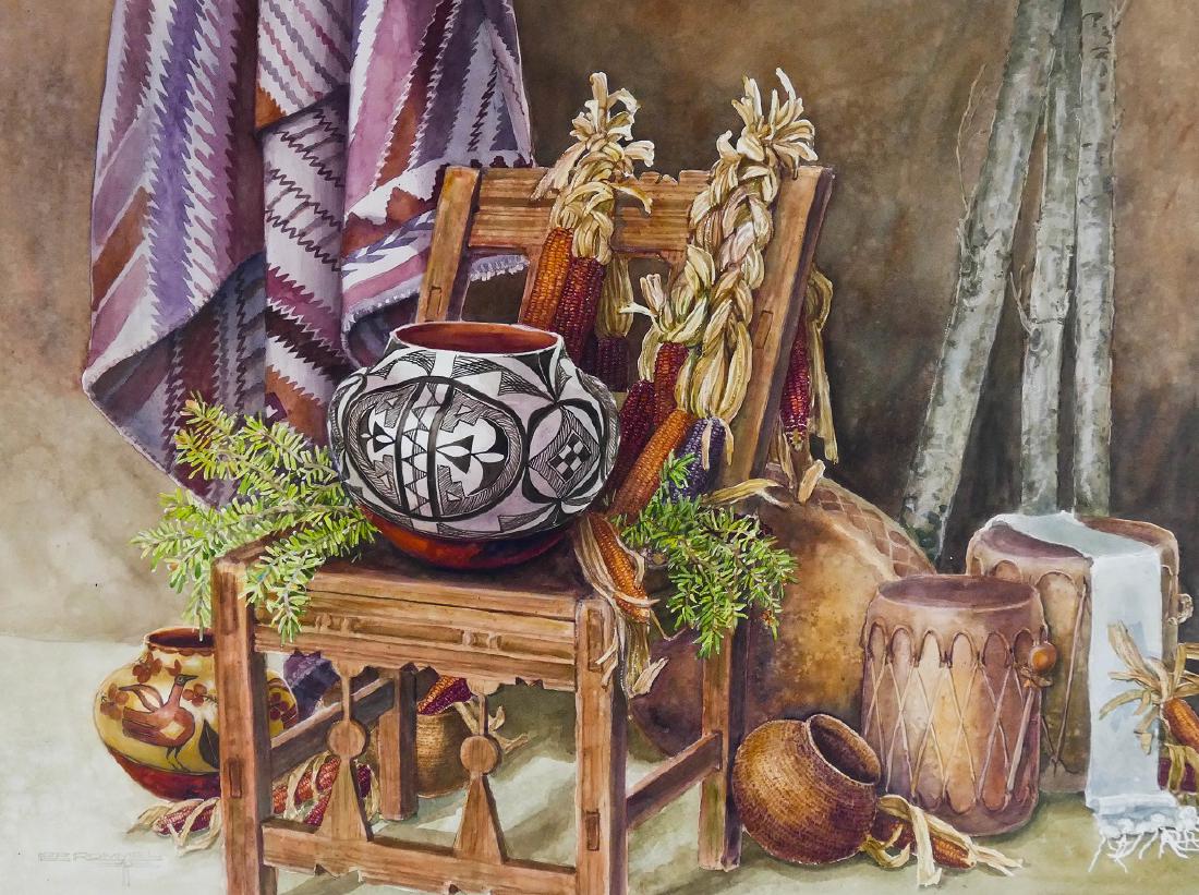 Lee Rommel (20th Cent. New Mexico) ''Indian Harvest'': Lee Rommel (20th Cent. New Mexico) ''Indian Harvest'' Watercolor on Paper 22''x30'' Image. A colorful image with southwest pot and various other native articles. Signed l.l. with brochures on verso. G
