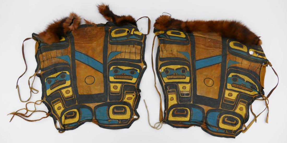 Pair Old Haida Painted Dance Leggings 16''x15'' Each: Pair Old Haida Painted Dance Leggings 16''x15'' Each Approx. Polychrome painted leather with u-form totemic motifs. Scattered wear from use. Purchased at The Treasure Shop, Seattle. Early 20th century