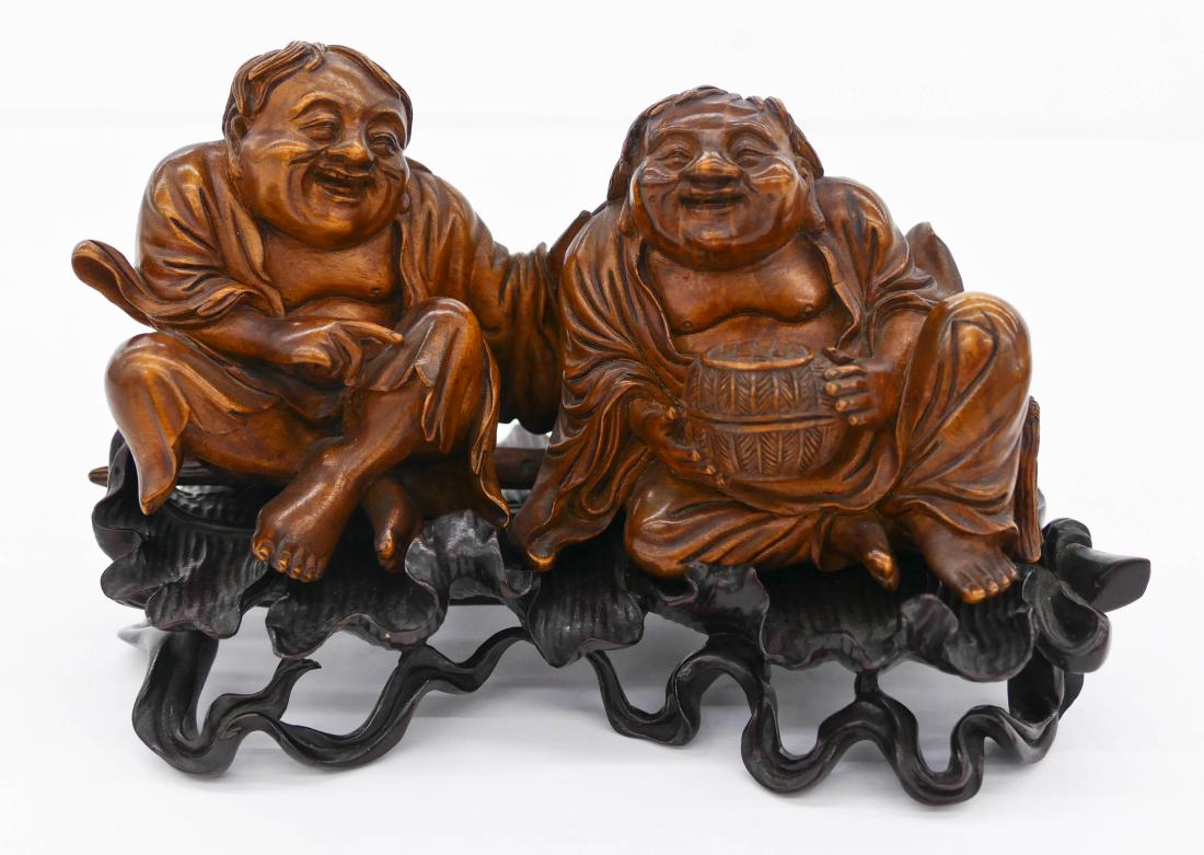 Fine Chinese Hehe Twins Boxwood Carving on Stand (1 of 4)