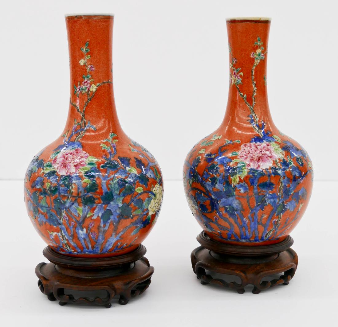 Pair Chinese Coral Ground Famille Rose Porcelain Bottle (1 of 7)