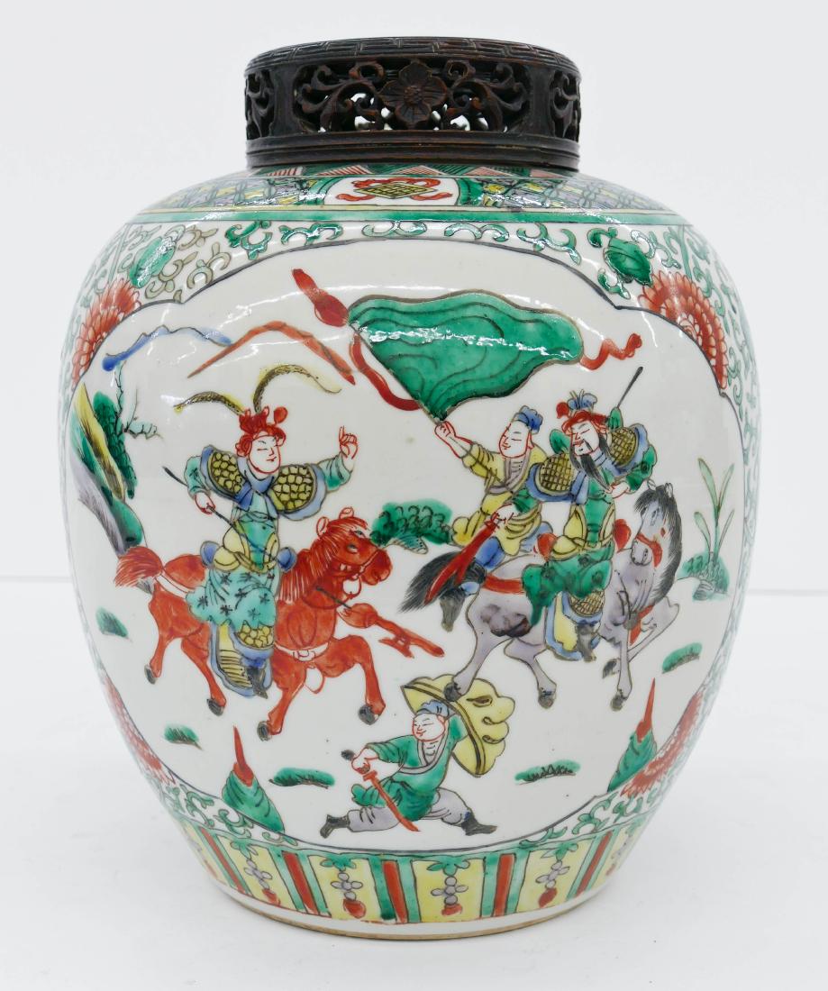 Chinese Famille Verte Warrior Porcelain Jar 12''x10''. (1 of 3)