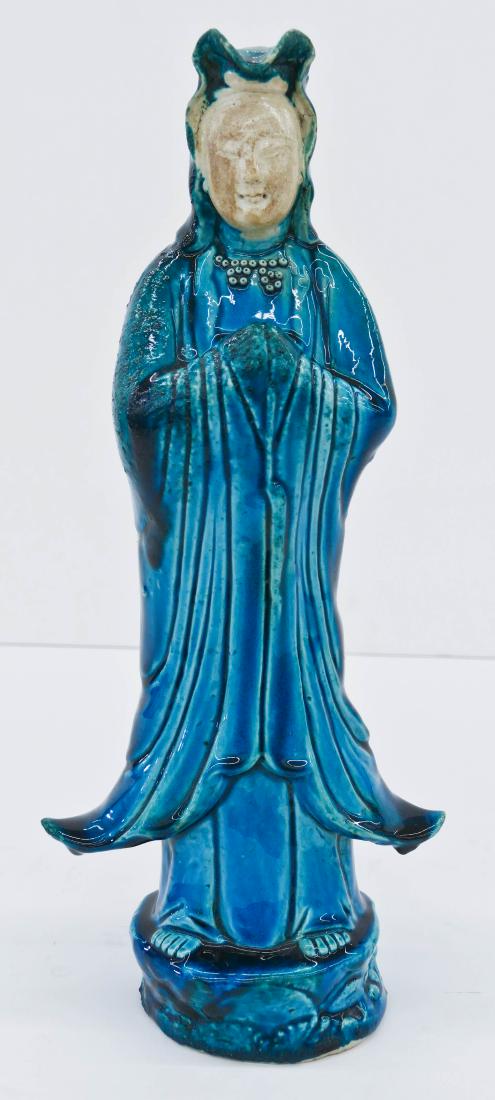 Chinese Peacock Blue Standing Guanyin Porcelain Figure (1 of 3)