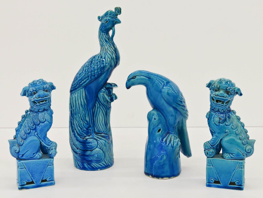 4pc Chinese Peacock Blue Animal Porcelain Figures. (1 of 2)