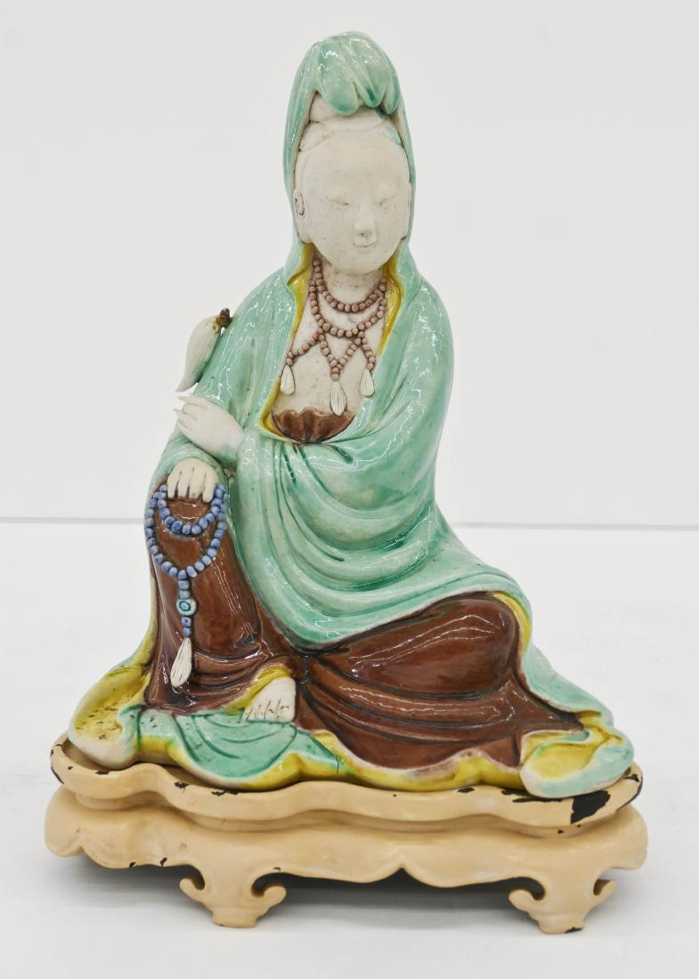 Chinese Biscuit Glazed Seated Guanyin Figure on Stand (1 of 3)